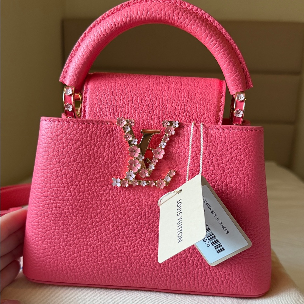 Louis Vuitton Pink Capucines Mini Top Handle Bag with LV Flower Logo & Strap